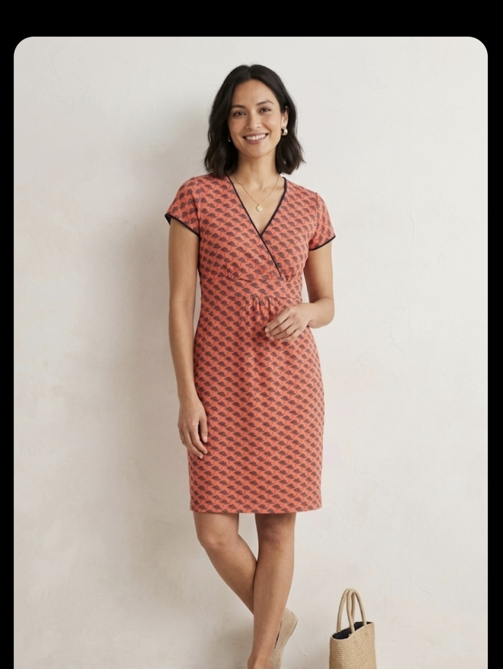 BODEN Umbrella Print Faux Wrap Midi Dress Cap Sleeve Coral/Navy Size 12